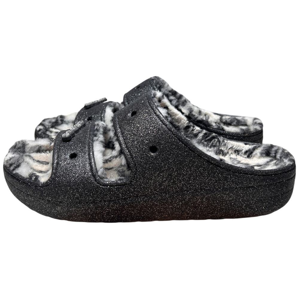 CROCS Classic Cozzzy Disco Glitter Sandal Men 13 Comfort Zebra Fur Lining 208074 - Picture 3 of 15